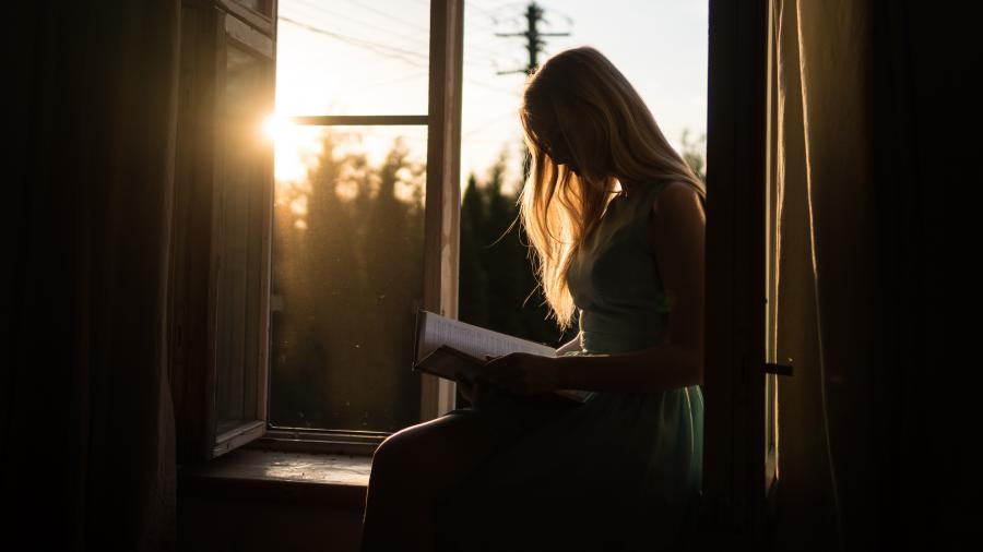 Kvindes silhuet siddende i vindueskarm med en bog i skødet