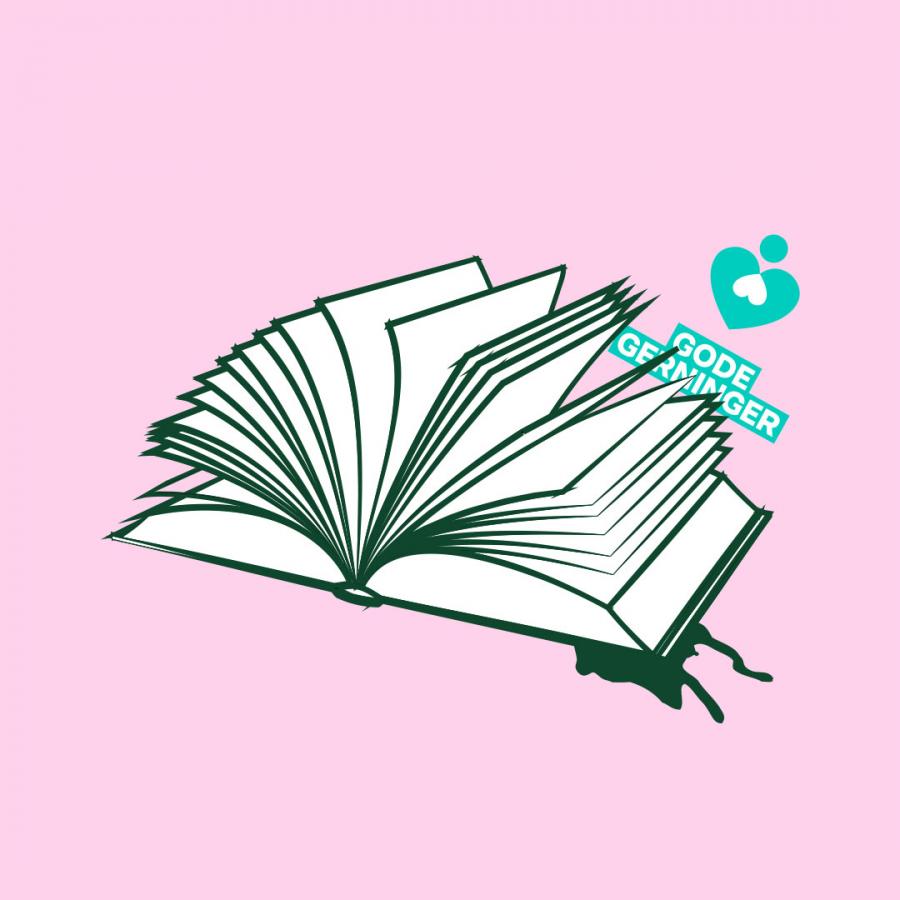 illustration af åben bog på lyserød baggrund